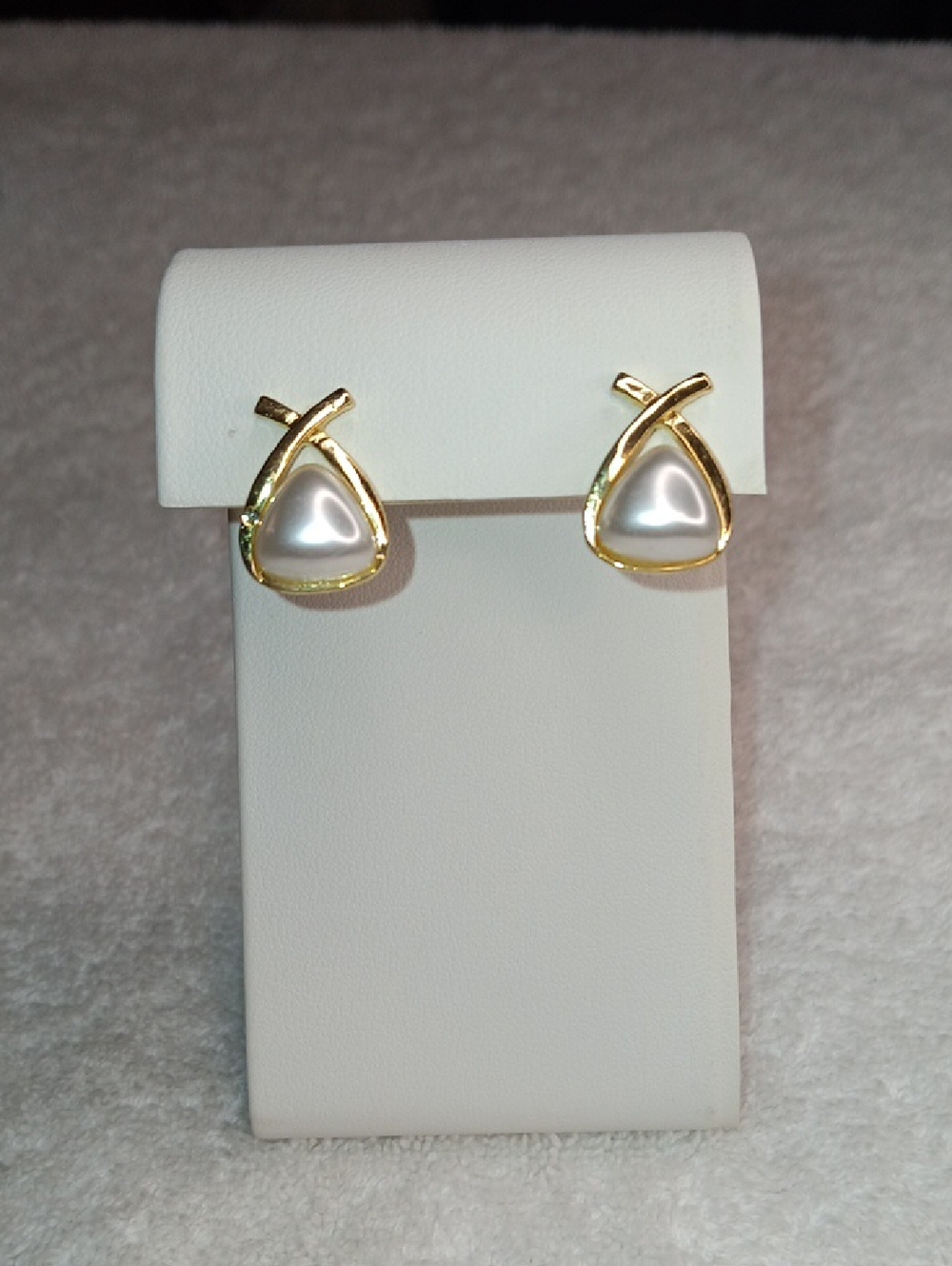 Gold-Tone Faux Pearl Triangle Stud Earrings - NWOT